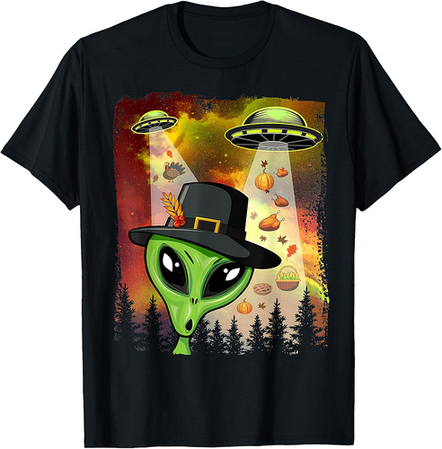 Alien Thanksgiving Invasion Funny UFO Holiday Graphic T-Shirt