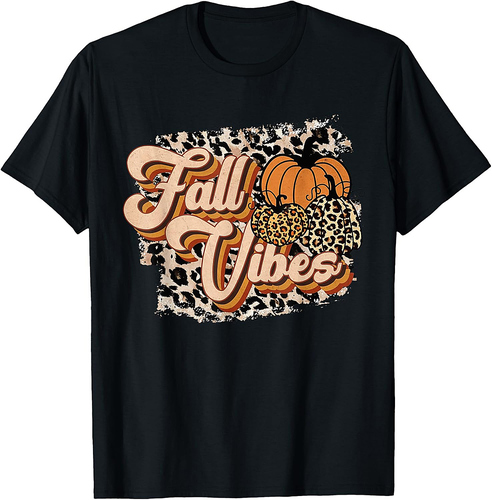 Fall Vibes Leopard Groovy Thanksgiving Autumn For Women Girl T-Shirt