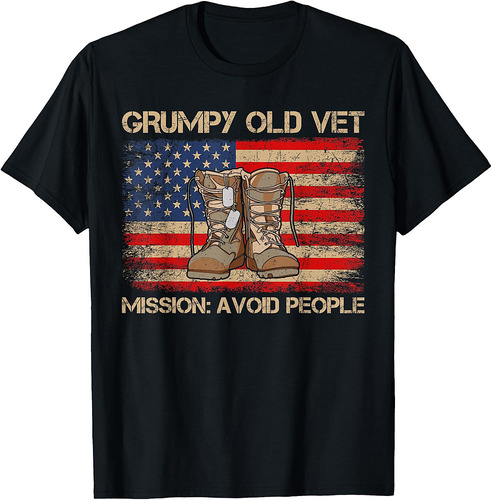 Funny Grumpy Old Vet Military American Flag Boots Dog Tags T-Shirt