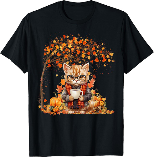 Cat Leaf Fall Hello Autumn Cat Kitten Lover Thanksgiving T-Shirt