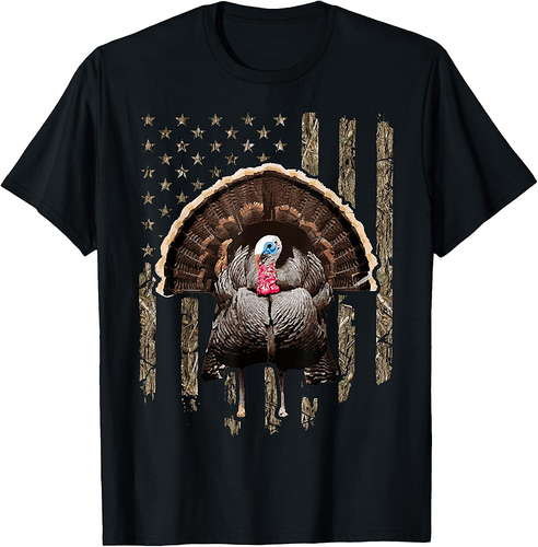 Turkey Hunting Graphic American Flag Tree Camouflage T-Shirt