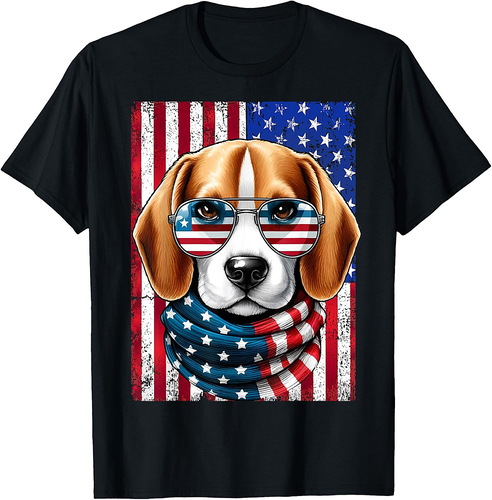 Beagle Dog USA Flag Sunglasses 4th of July Patriotic Dog T-Shirt for Men Women
