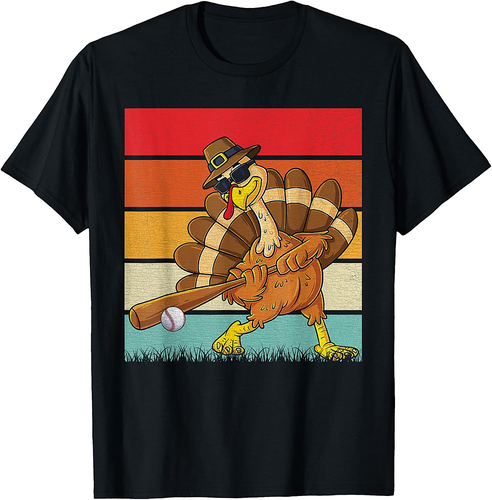 Retro Turkey & Baseball Ball Autumn Fall Vibes Thanksgiving T-Shirt