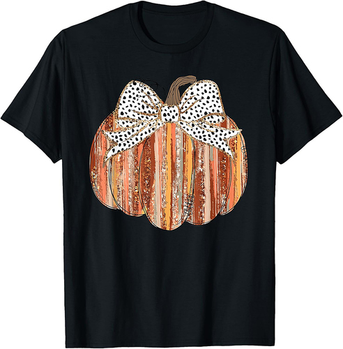 Coquette Bow Pumpkin Thanksgiving Rustic Fall Girl Women T-Shirt