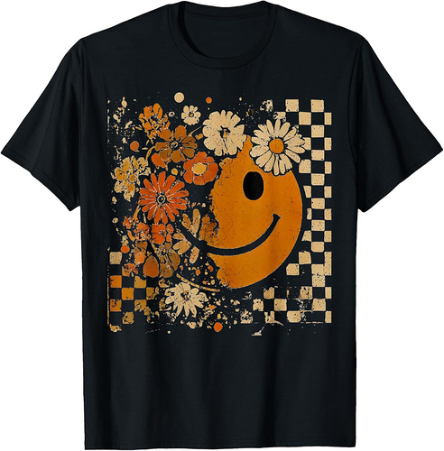 Fall Vibes Smile Face Thanksgiving Floral Checkered Women T-Shirt