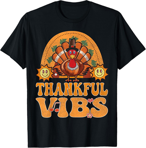 Thankful Vibes Turkey Rainbow Groovy Retro Thanksgiving T-Shirt