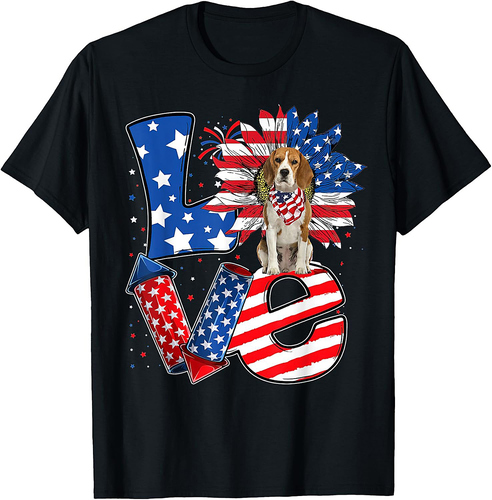 4th of July Decor Patriotic LOVE Beagle Dog USA Flag T-Shirt