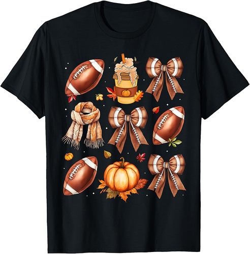Coffee Football Coquette Bow Fall Vibes Pumpkin Thanksgiving T-Shirt