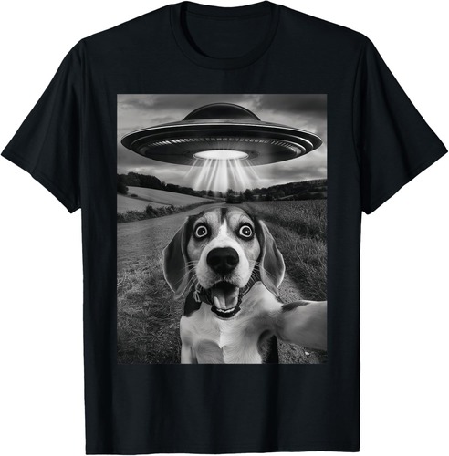 Beagle Dog Selfie With Alien Ship UFO Abduction Retro Photo T-Shirt