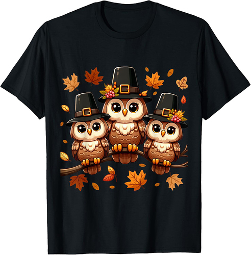 Pilgrim Owls on Autumn Perch Thanksgiving T-Shirt