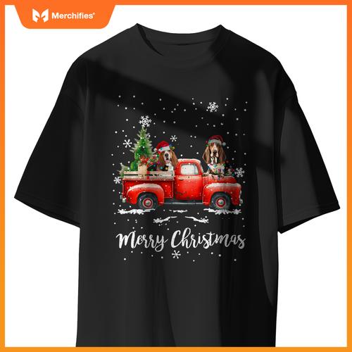 Basset Hound Red Truck Christmas Santa Hat Xmas Dog Lover T-Shirt