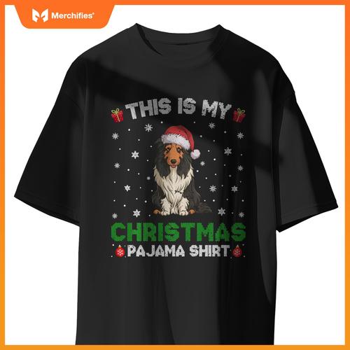 Bearded Collie Dog Wearing Santa Hat Matching Xmas Pajama T-Shirt