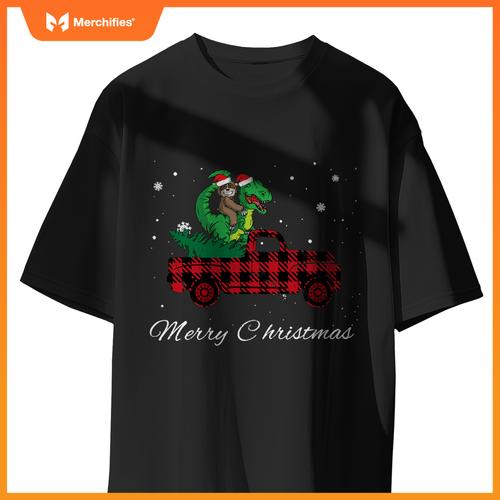Merry Christmas Red Plaid Truck With Sloth Riding Dinosaur T-Shirt