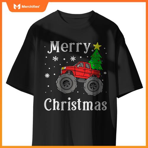 Kids Boys Monster Truck Merry Christmas Tree Snowflakes T-Shirt