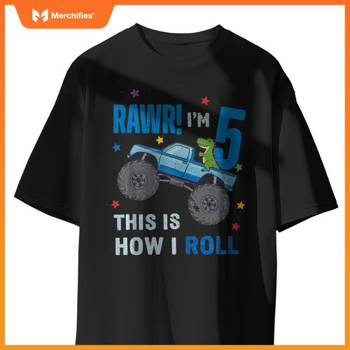 Monster Truck 5 Year Old 5th Birthday Party Trex Dinosaur T-Shirt