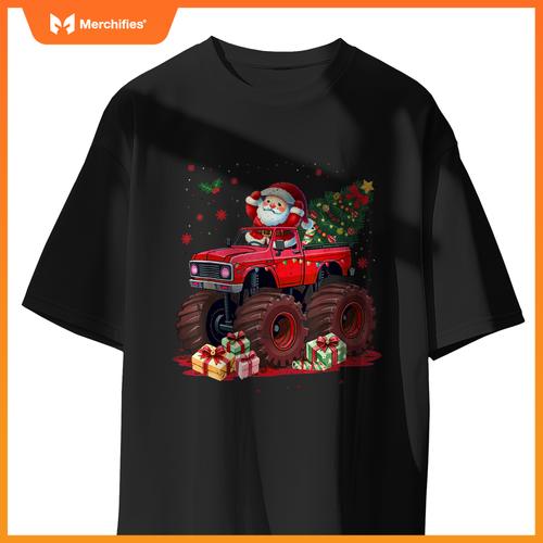 Kids Santa Monster Truck Christmas Tree Xmas Squad T-Shirt