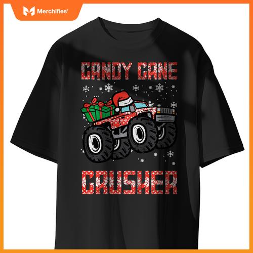 Kids Christmas Candy Cane Crusher Xmas Monster Truck Toddler Boys T-Shirt
