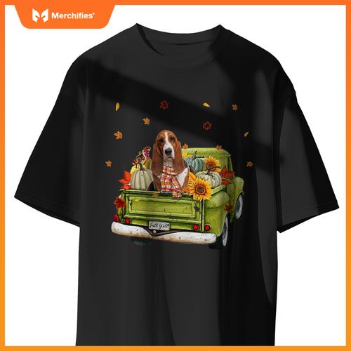 Happy Fall Yall Basset Hound Dog On Truck Pumpkin Fall T-Shirt