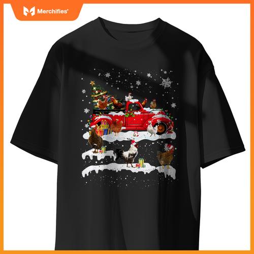 Merry Xmas Chicken Santa Hat Christmas Tree Truck Lights T-Shirt