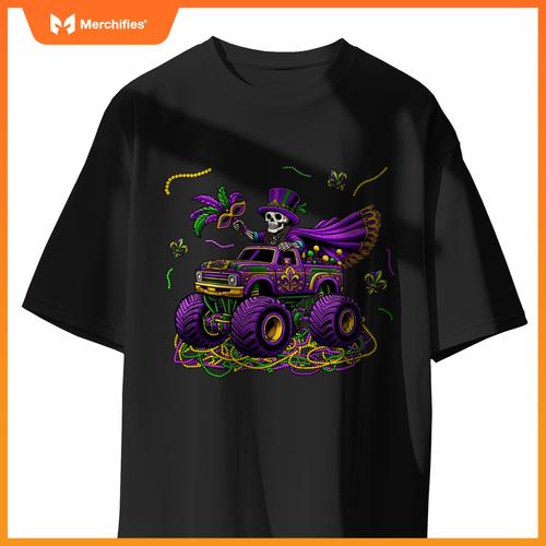 Mardi Gras Monstser Truck Skeleton Beads Mask Carnival T-Shirt