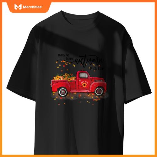 Leaves Are Falling Autumn Is Calling Red Truck Pumpkins T-Shirt
