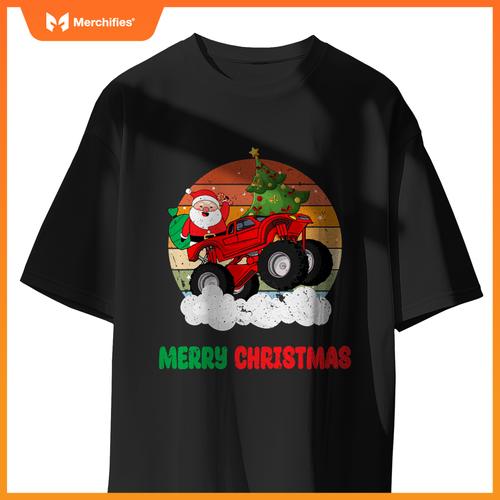 Kids Merry Xmas Santa Monster Truck Christmas Tree Light T-Shirt