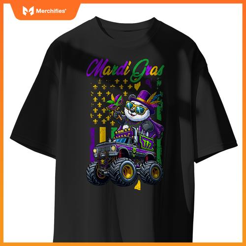 Mardi Gras Panda Sunglasses On Monster Truck Beads Masked T-Shirt