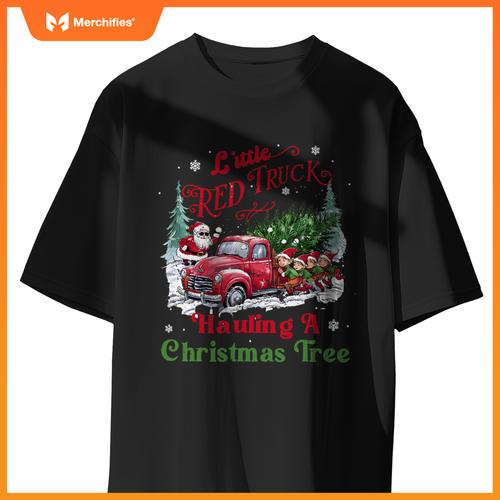 Little Red Truck Hauling A Christmas Tree Xmas Trendy T-Shirt