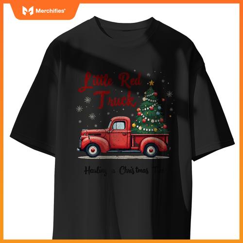 Little Red Truck Hauling A Christmas Tree Family Matching T-Shirt