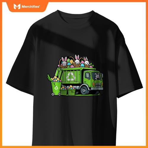 Kids Happy Easter Day Rabbit Lover Bunny Riding Garbage Truck T-Shirt