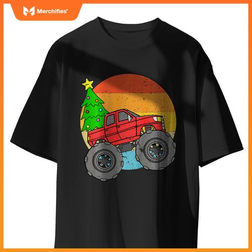 Kids Vintage Sunset Christmas Tree Monster Truck Retro Boys Girls T-Shirt