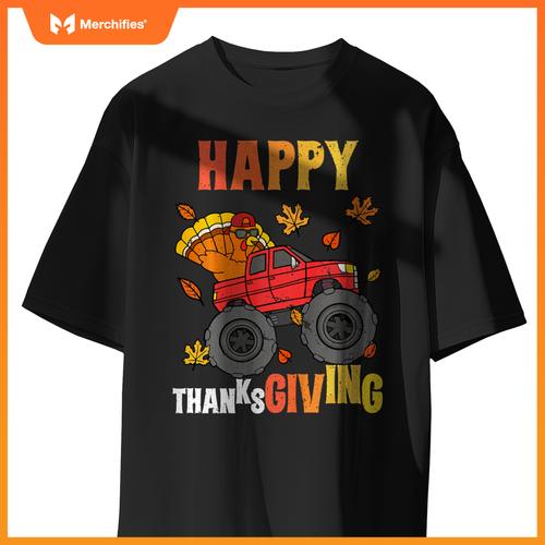 Kids Monster Truck Turkey Happy Thanksgiving Boys Girls T-Shirt
