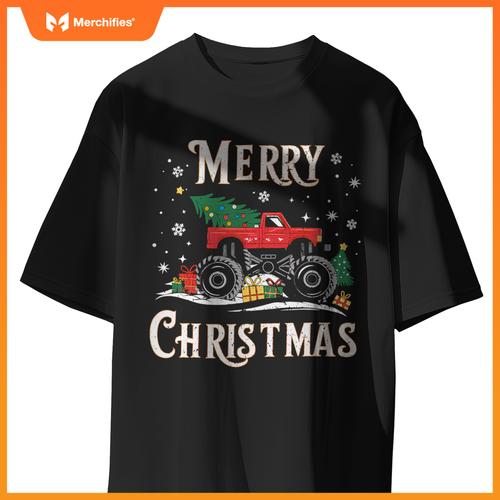 Merry Christmas Monster Truck Xmas Family Boys Ns Kids T-Shirt