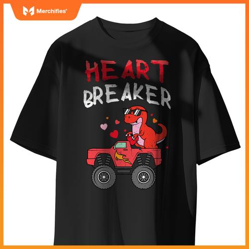 Kids Dinosaur Monster Truck Break Hearts Happy Valentines T-Shirt