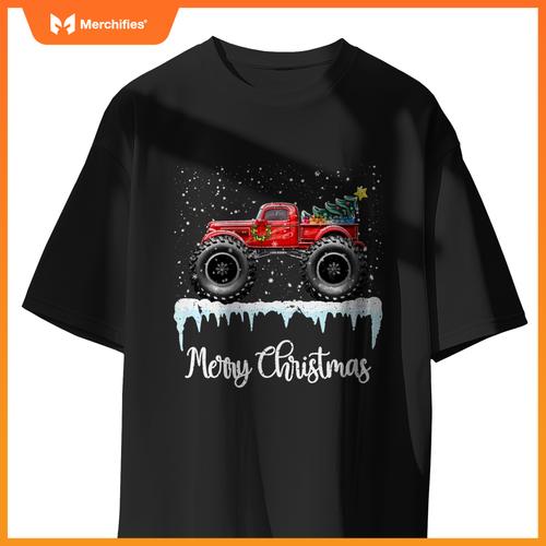 Merry Christmas Red Monster Truck Old Fashioned Xmas T-Shirt