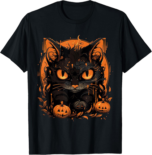 Black Cat Halloween Cat Lovers Vintage 90s Cat Pumpkin Cat T-Shirt
