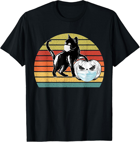 Black Cat Halloween Pumpkin wearing Face Mask Jackolantern Men Women Kids T-Shirt