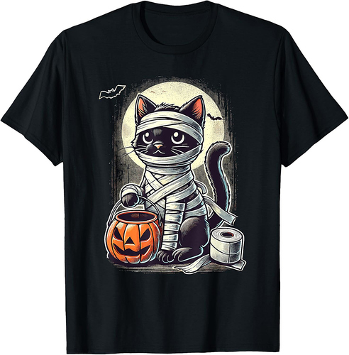 Black Cat Mummy Men Women Kids Halloween Funny Black Cat T-Shirt