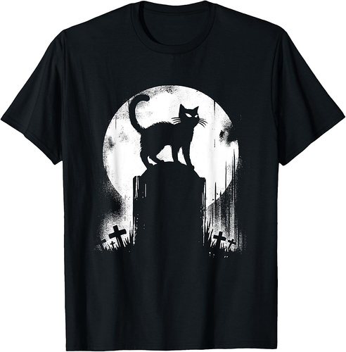 Black Cat On Tomb - Vintage Spooky Cat Graveyard Halloween T-Shirt