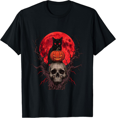Black Cat Pumpkin Halloween Hallows Night Horror Skull T-Shirt