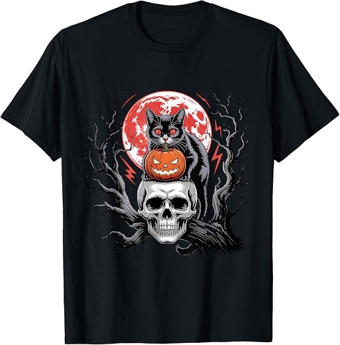 Black Cat Pumpkin Halloween Hallows Night Horror Skull T-Shirt