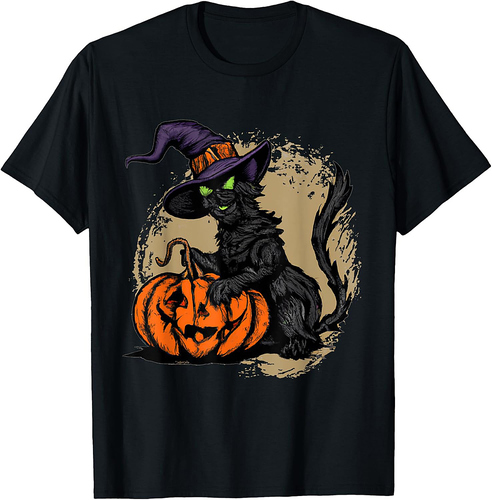 Black Cat Witch Halloween Pumpkin T-Shirt