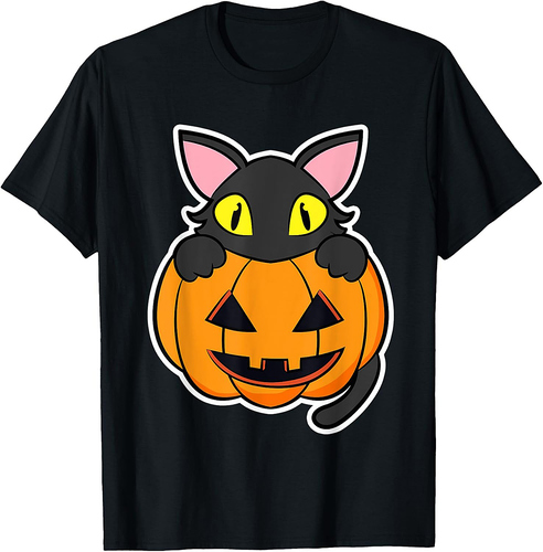 Black Cat sitting in a Pumpkin for Cat Lover - Halloween T-Shirt