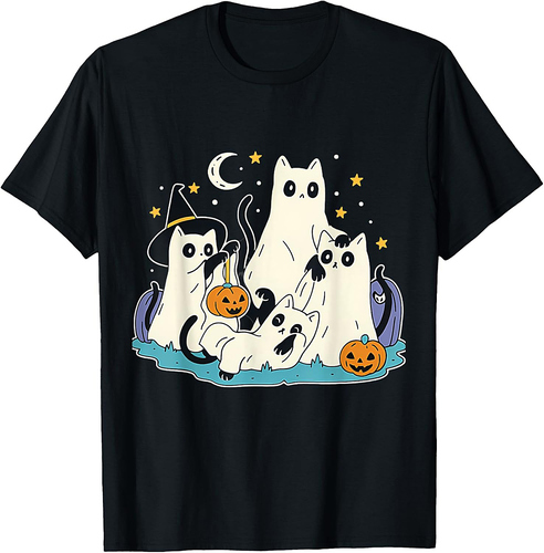 Black Cats In Ghost Halloween Spooky Season T-Shirt