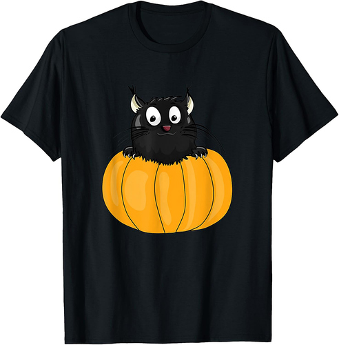 Black Pumkin Kitty Happy Halloween Funny Cat Cartoon Drawing T-Shirt for Men Women Kids
