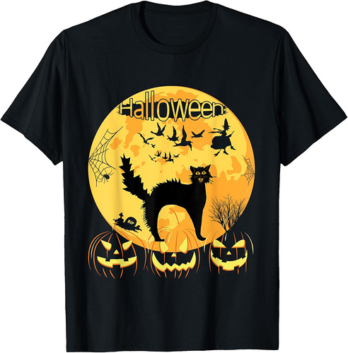 Black Scary Cat with Lighted Eyes Halloween T-Shirt for Men Women Kids