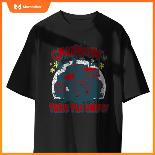 Monster Truck Crushin Thru Snow Winter Boys Man T-Shirt