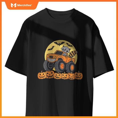 Kids Halloween Monster Truck Driven By A Raccoon School Kids T-Shirt