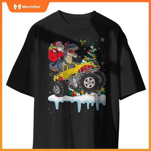 Kid Santa Riding T Rex Dinosaur Monster Truck Boy Christmas T-Shirt