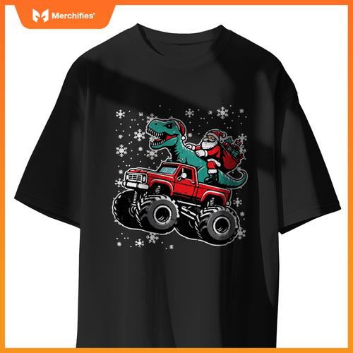 Kids Christmas Monster Truck Dino Santa Xmas Toddler Boys Kids T-Shirt